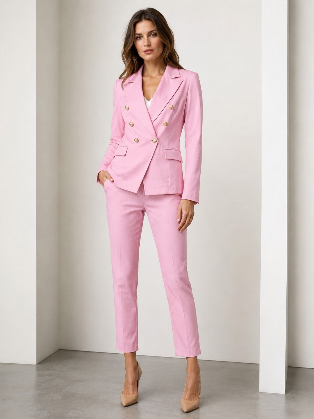 Emily Tailored Pink Double-Breasted Blazer & Ankle Trousers Set